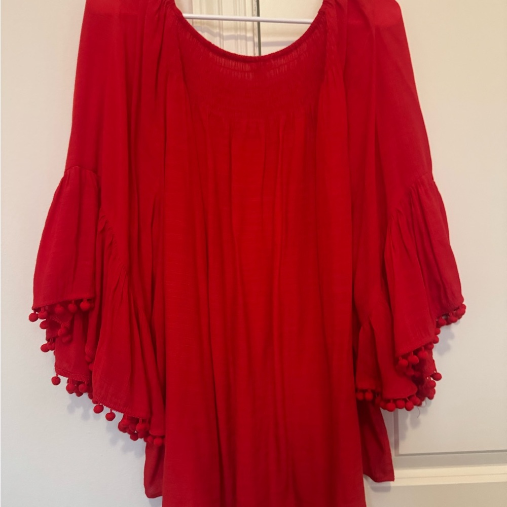 Cato Vibrant Red Blouse with Pom-Pom Details